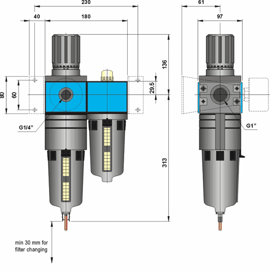 1 port size : Combination Filter / Regulator + Lubricator : Drawing : Dimensions