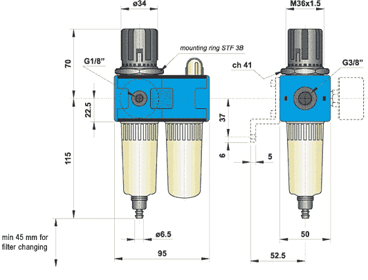 3/8 port size : Combination Filter / Regulator + Lubricator : Drawing : Dimensions